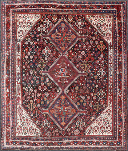 Antique Hand - Knotted Persian Qashqai Rug in Wool with All - Over Tribal Design This antique Persian Qashqai rug has been hand - knotted in wool and features an all - over sub - geometric design rendered in multicolor. A complementary, multi - tiered borde... - Keivan Woven ArtsEMB - 9628 - P13856 - 16007Rug