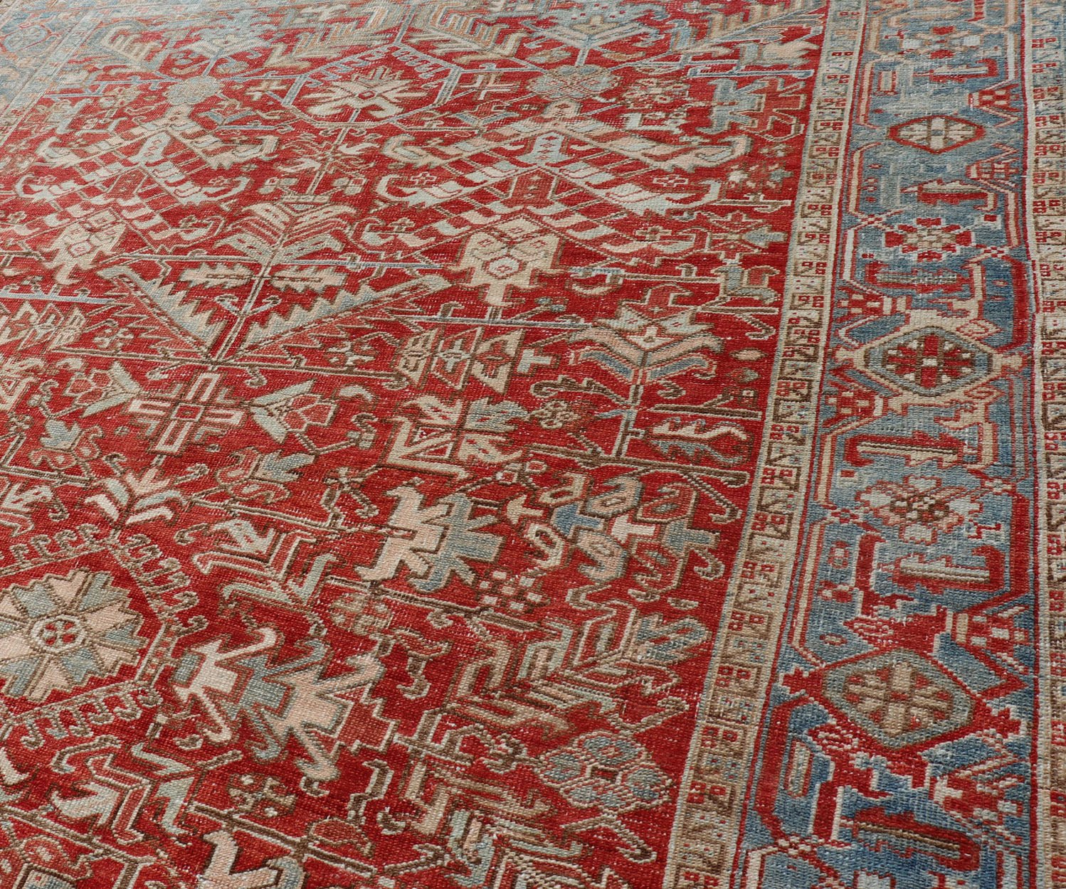 Antique Persian All - Over Heriz Rug with All - Over Geometric Design Antique Persian all - over Heriz rug with all - over geometric design in soft red and blue. Keivan Woven Arts / Rug / EMB - 9630 - P13578, country of origin / type: Iran /Heriz, circa 192... - Keivan Woven ArtsEMB - 9630 - P13578 - 16013Rug