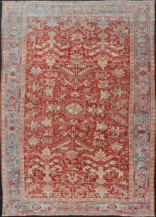 Antique Persian All - Over Heriz Rug with All - Over Geometric Design Antique Persian all - over Heriz rug with all - over geometric design in soft red and blue. Keivan Woven Arts / Rug / EMB - 9630 - P13578, country of origin / type: Iran /Heriz, circa 192... - Keivan Woven ArtsEMB - 9630 - P13578 - 16013Rug