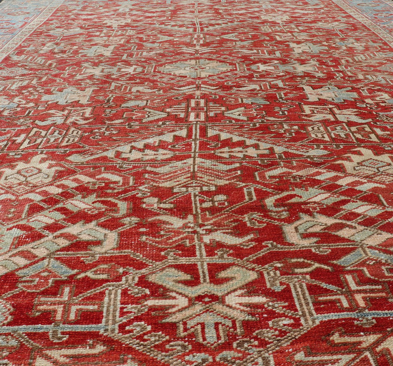 Antique Persian All - Over Heriz Rug with All - Over Geometric Design Antique Persian all - over Heriz rug with all - over geometric design in soft red and blue. Keivan Woven Arts / Rug / EMB - 9630 - P13578, country of origin / type: Iran /Heriz, circa 192... - Keivan Woven ArtsEMB - 9630 - P13578 - 16013Rug
