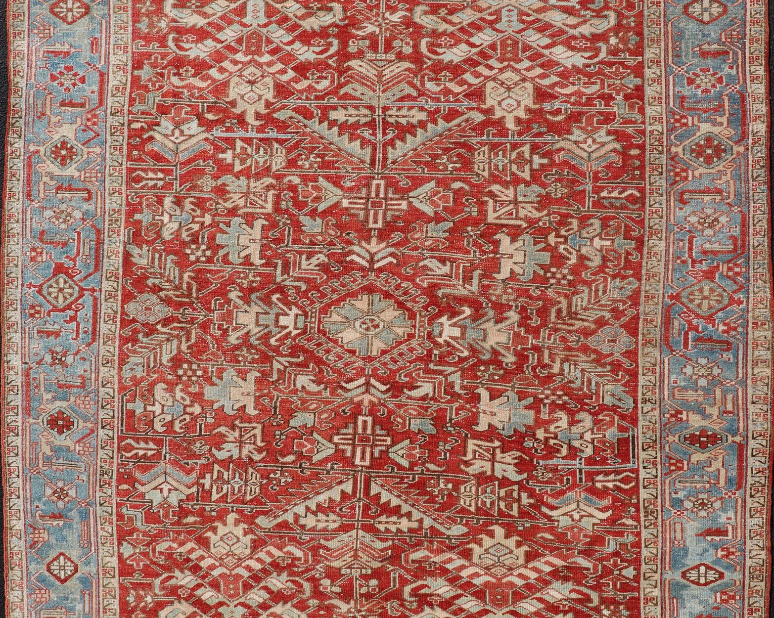 Antique Persian All - Over Heriz Rug with All - Over Geometric Design Antique Persian all - over Heriz rug with all - over geometric design in soft red and blue. Keivan Woven Arts / Rug / EMB - 9630 - P13578, country of origin / type: Iran /Heriz, circa 192... - Keivan Woven ArtsEMB - 9630 - P13578 - 16013Rug