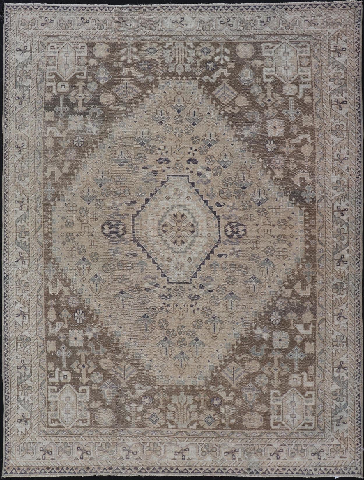 Persian Hand Knotted Shiraz Rug with Vertical Sub - Geometric Medallion Brown/Taupe Antique Persian Shiraz rug with Vertical Sub - Geometric Medallion. Keivan Woven Arts / rug EMB - 9631 - P13525, Keivan Woven Arts / country of origin / type: Iran / Shi... - Keivan Woven ArtsEMB - 9631 - P13525 - 16019Rug