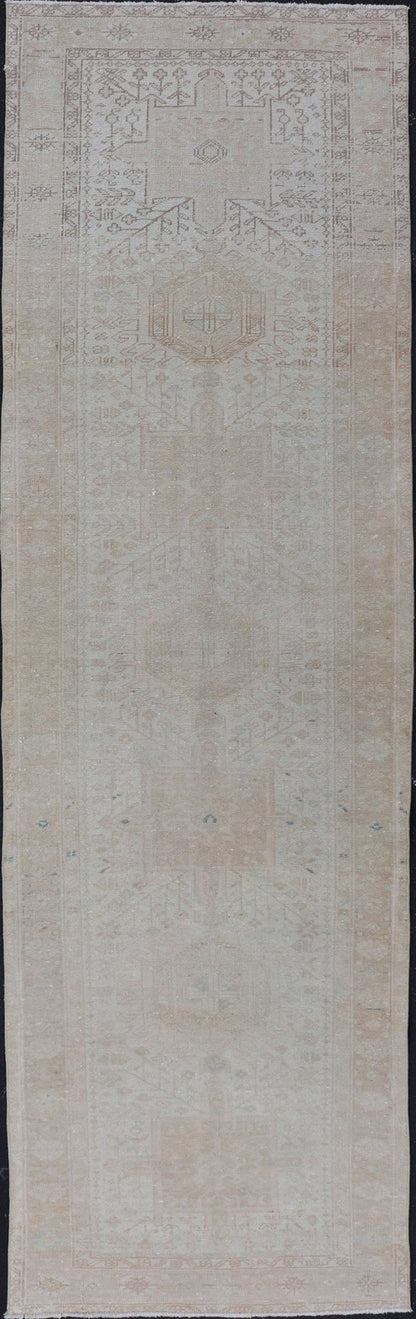 Vintage Muted Persian Karadjeh Runner with Medallions in Brown, Tan, Taupe. Keivan Woven Arts / rug EMB - 9632 - P13581, country of origin / type: Iran / Karadjeh, circa mid - 20th century This Persian Karajeh from the mid - 20th century bears an exquis... - Keivan Woven ArtsEMB - 9632 - P13581 - 16025Rug