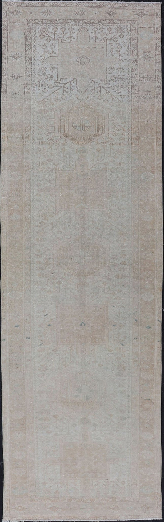 Vintage Muted Persian Karadjeh Runner with Medallions in Brown, Tan, Taupe. Keivan Woven Arts / rug EMB - 9632 - P13581, country of origin / type: Iran / Karadjeh, circa mid - 20th century This Persian Karajeh from the mid - 20th century bears an exquis... - Keivan Woven ArtsEMB - 9632 - P13581 - 16025Rug