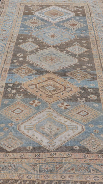 Antique Persian Kurdish Rug with All - Over Geometrics by Keivan Woven Arts. Measures: 5'4 x 10'5 Softly colored antique Persian Gallery Kurdish rug with all - over geometric and diamond design. Keivan Woven Arts / rug EMB - 9634 - P1386... - Keivan Woven ArtsEMB - 9634 - P13861 - 14892Rug