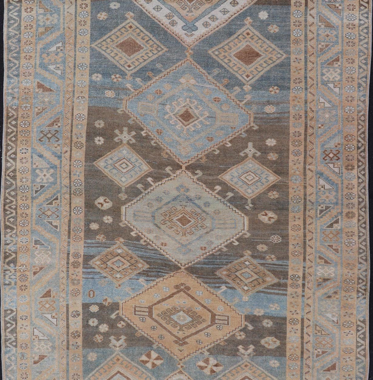 Antique Persian Kurdish Rug with All - Over Geometrics by Keivan Woven Arts. Measures: 5'4 x 10'5 Softly colored antique Persian Gallery Kurdish rug with all - over geometric and diamond design. Keivan Woven Arts / rug EMB - 9634 - P1386... - Keivan Woven ArtsEMB - 9634 - P13861 - 14892Rug