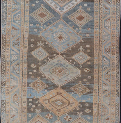 Antique Persian Kurdish Rug with All - Over Geometrics by Keivan Woven Arts. Measures: 5'4 x 10'5 Softly colored antique Persian Gallery Kurdish rug with all - over geometric and diamond design. Keivan Woven Arts / rug EMB - 9634 - P1386... - Keivan Woven ArtsEMB - 9634 - P13861 - 14892Rug