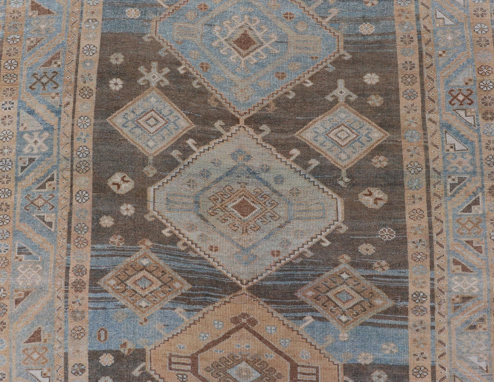 Antique Persian Kurdish Rug with All - Over Geometrics by Keivan Woven Arts. Measures: 5'4 x 10'5 Softly colored antique Persian Gallery Kurdish rug with all - over geometric and diamond design. Keivan Woven Arts / rug EMB - 9634 - P1386... - Keivan Woven ArtsEMB - 9634 - P13861 - 14892Rug