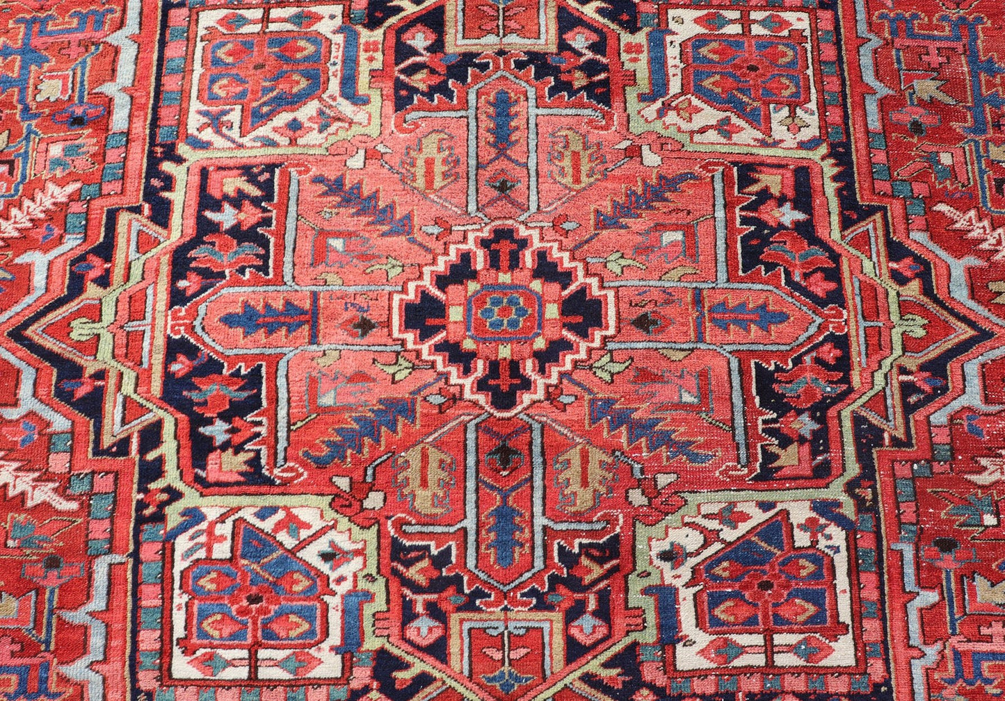 Antique Persian Heriz with Central Medallion Design in Red and Jewel Tones Antique Persian Heriz. Keivan Woven Arts / rug/ EMB - 9636 - P13586, country of origin / type: Iran, Persian / Heriz, circa Early - 20th century Measures: 8'6'' x 12'0'... - Keivan Woven ArtsEMB - 9636 - P13586 - 16031Rug