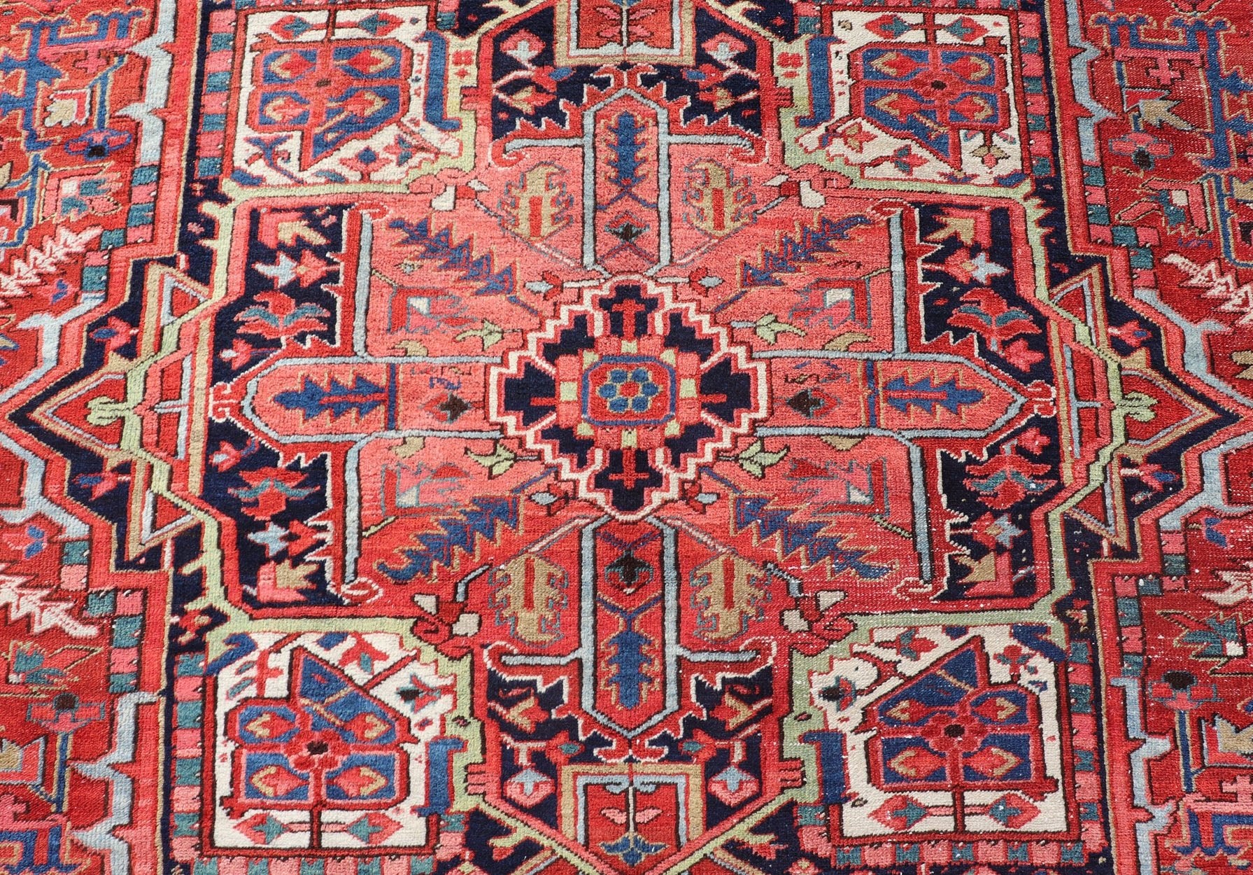 Antique Persian Heriz with Central Medallion Design in Red and Jewel Tones Antique Persian Heriz. Keivan Woven Arts / rug/ EMB - 9636 - P13586, country of origin / type: Iran, Persian / Heriz, circa Early - 20th century Measures: 8'6'' x 12'0'... - Keivan Woven ArtsEMB - 9636 - P13586 - 16031Rug