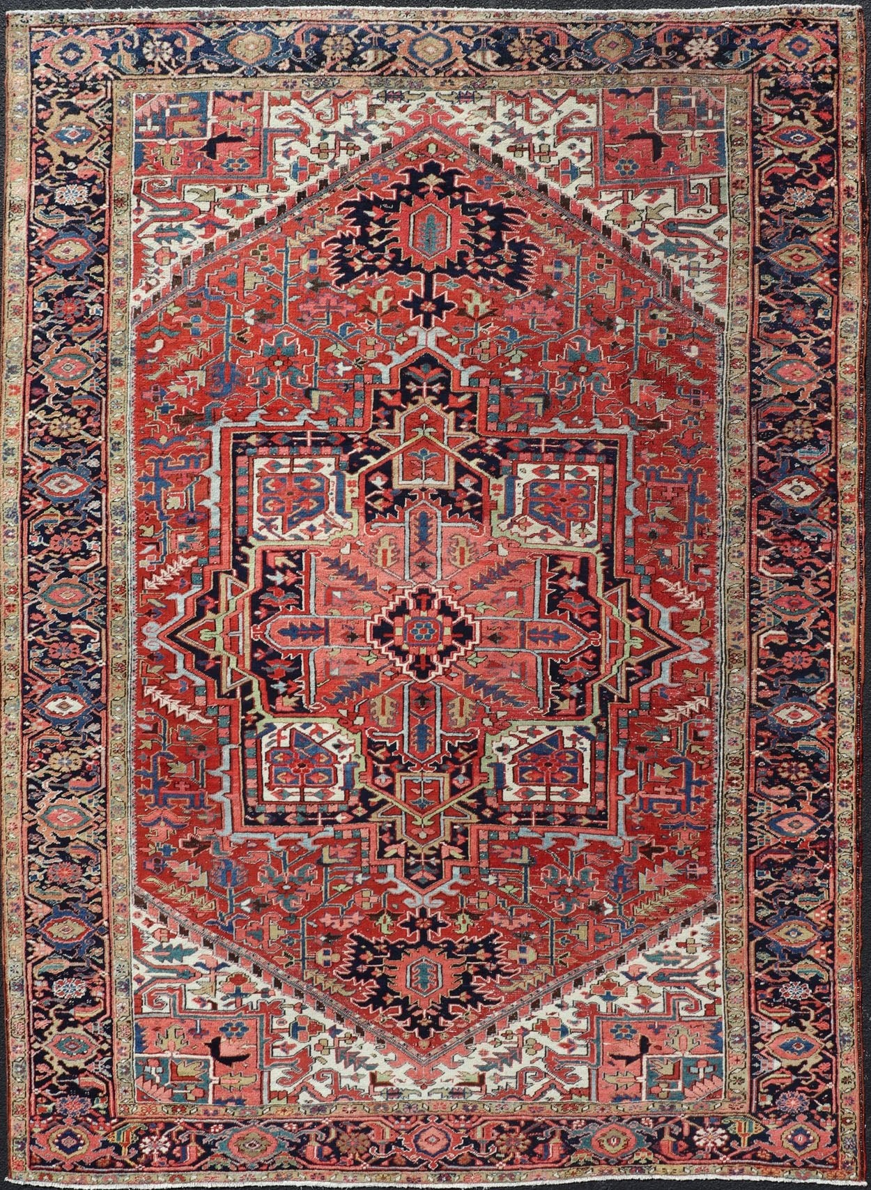 Antique Persian Heriz with Central Medallion Design in Red and Jewel Tones Antique Persian Heriz. Keivan Woven Arts / rug/ EMB - 9636 - P13586, country of origin / type: Iran, Persian / Heriz, circa Early - 20th century Measures: 8'6'' x 12'0'... - Keivan Woven ArtsEMB - 9636 - P13586 - 16031Rug