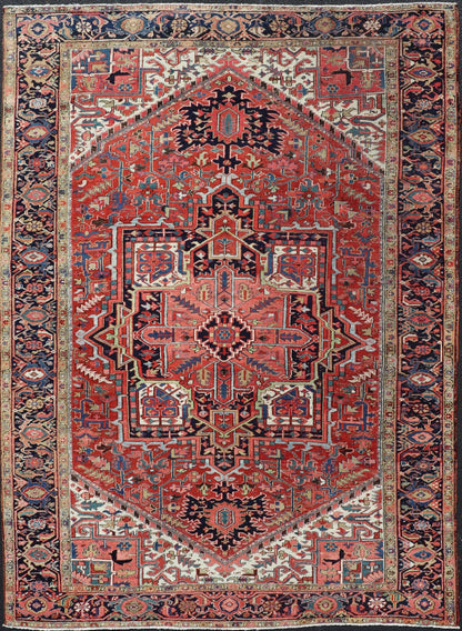 Antique Persian Heriz with Central Medallion Design in Red and Jewel Tones Antique Persian Heriz. Keivan Woven Arts / rug/ EMB - 9636 - P13586, country of origin / type: Iran, Persian / Heriz, circa Early - 20th century Measures: 8'6'' x 12'0'... - Keivan Woven ArtsEMB - 9636 - P13586 - 16031Rug