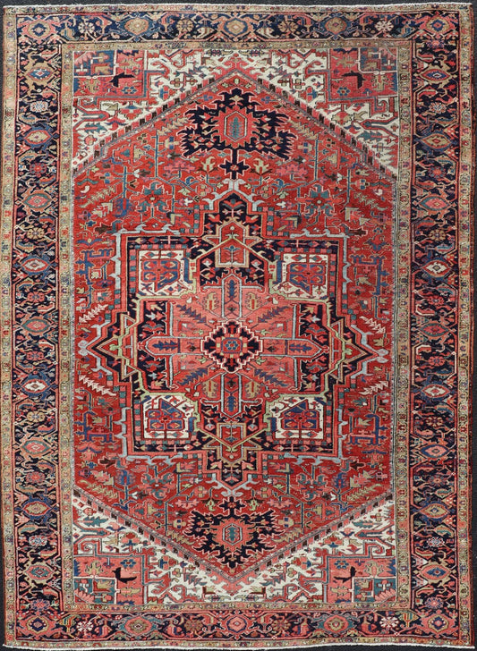 Antique Persian Heriz with Central Medallion Design in Red and Jewel Tones Antique Persian Heriz. Keivan Woven Arts / rug/ EMB - 9636 - P13586, country of origin / type: Iran, Persian / Heriz, circa Early - 20th century Measures: 8'6'' x 12'0'... - Keivan Woven ArtsEMB - 9636 - P13586 - 16031Rug