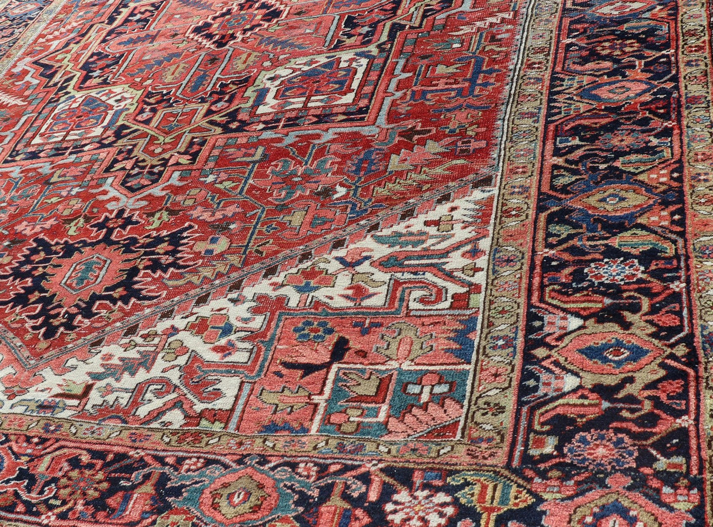 Antique Persian Heriz with Central Medallion Design in Red and Jewel Tones Antique Persian Heriz. Keivan Woven Arts / rug/ EMB - 9636 - P13586, country of origin / type: Iran, Persian / Heriz, circa Early - 20th century Measures: 8'6'' x 12'0'... - Keivan Woven ArtsEMB - 9636 - P13586 - 16031Rug