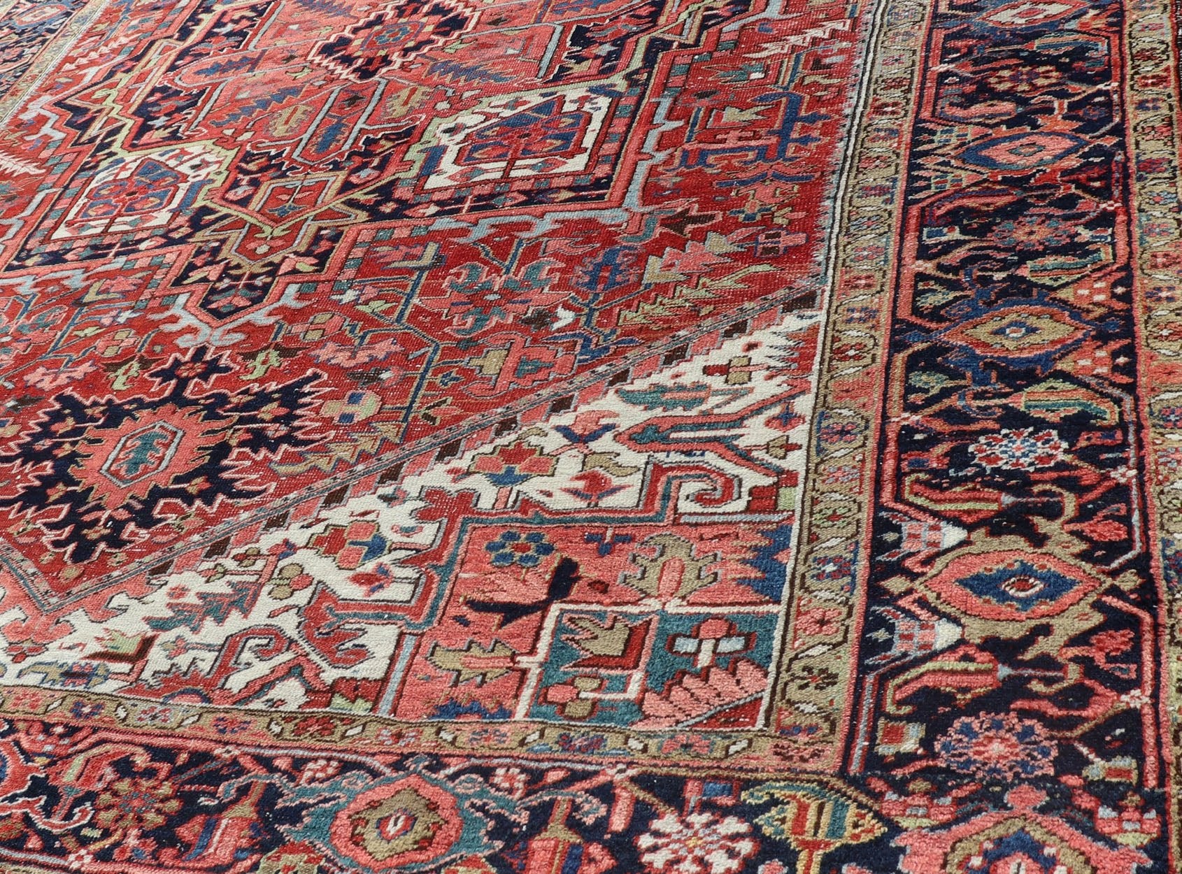 Antique Persian Heriz with Central Medallion Design in Red and Jewel Tones Antique Persian Heriz. Keivan Woven Arts / rug/ EMB - 9636 - P13586, country of origin / type: Iran, Persian / Heriz, circa Early - 20th century Measures: 8'6'' x 12'0'... - Keivan Woven ArtsEMB - 9636 - P13586 - 16031Rug