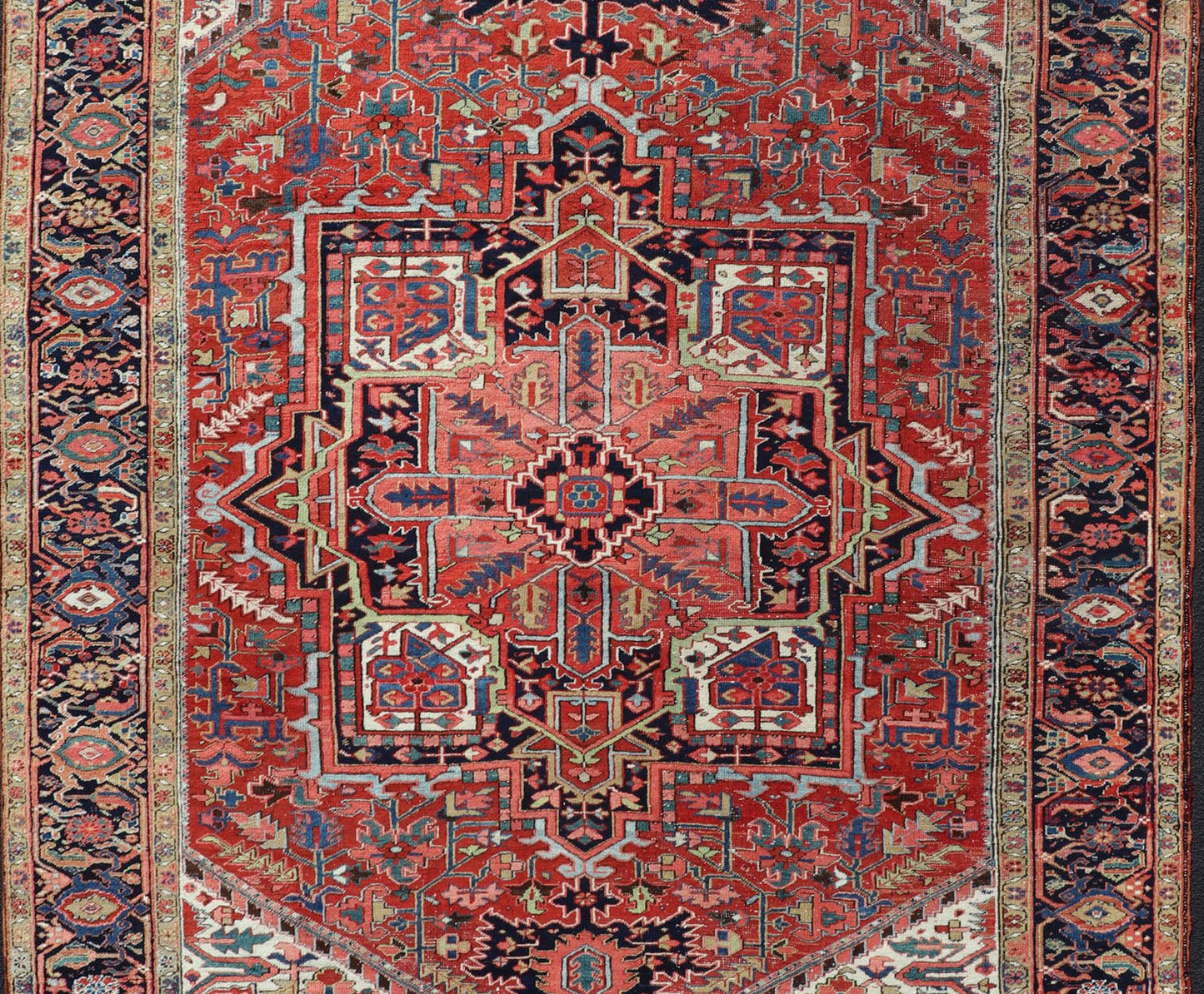 Antique Persian Heriz with Central Medallion Design in Red and Jewel Tones Antique Persian Heriz. Keivan Woven Arts / rug/ EMB - 9636 - P13586, country of origin / type: Iran, Persian / Heriz, circa Early - 20th century Measures: 8'6'' x 12'0'... - Keivan Woven ArtsEMB - 9636 - P13586 - 16031Rug