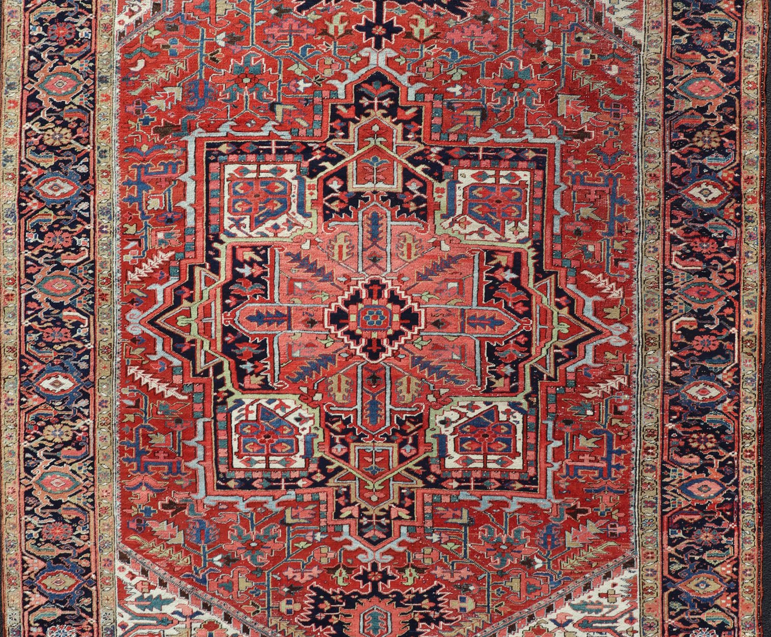 Antique Persian Heriz with Central Medallion Design in Red and Jewel Tones Antique Persian Heriz. Keivan Woven Arts / rug/ EMB - 9636 - P13586, country of origin / type: Iran, Persian / Heriz, circa Early - 20th century Measures: 8'6'' x 12'0'... - Keivan Woven ArtsEMB - 9636 - P13586 - 16031Rug