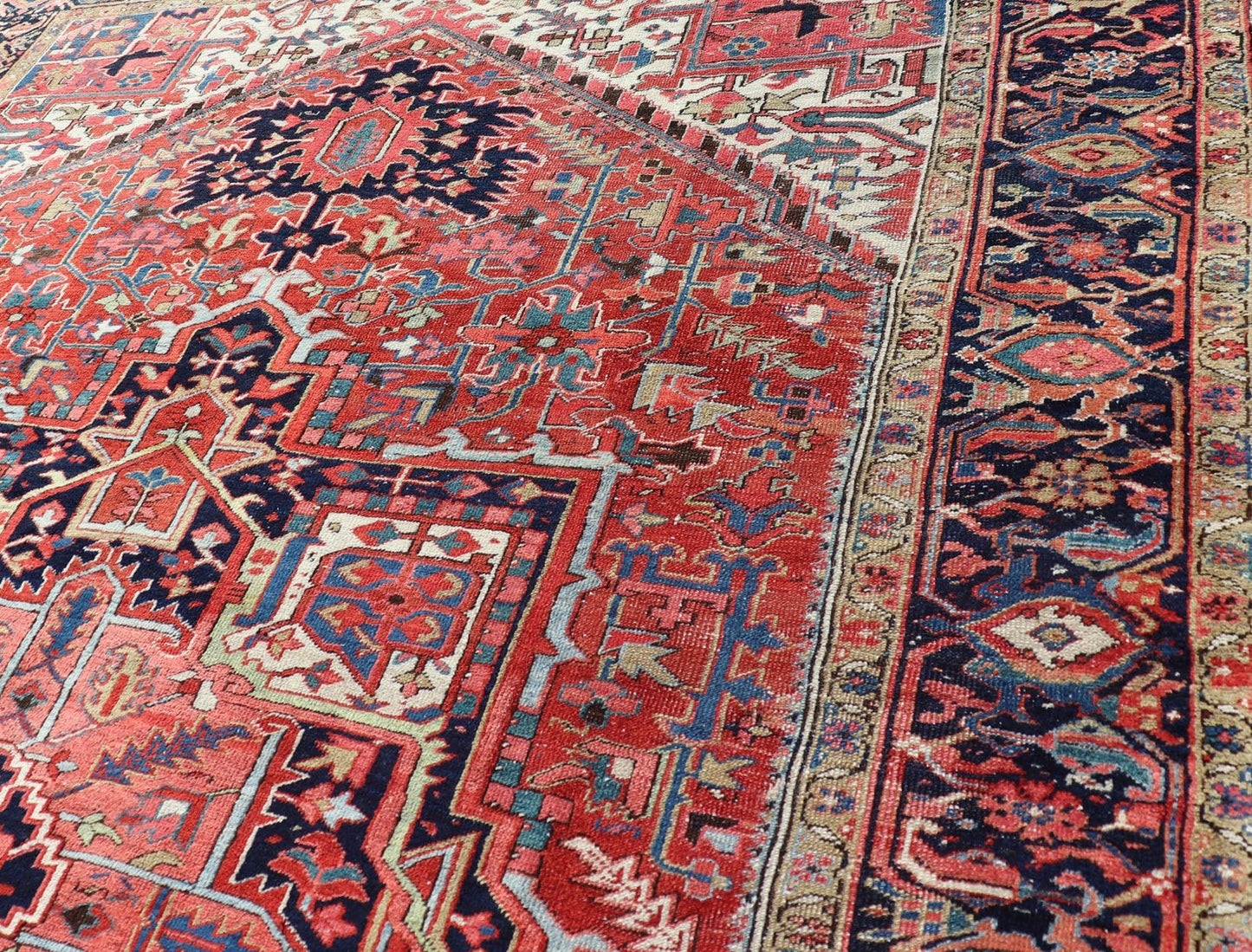 Antique Persian Heriz with Central Medallion Design in Red and Jewel Tones Antique Persian Heriz. Keivan Woven Arts / rug/ EMB - 9636 - P13586, country of origin / type: Iran, Persian / Heriz, circa Early - 20th century Measures: 8'6'' x 12'0'... - Keivan Woven ArtsEMB - 9636 - P13586 - 16031Rug