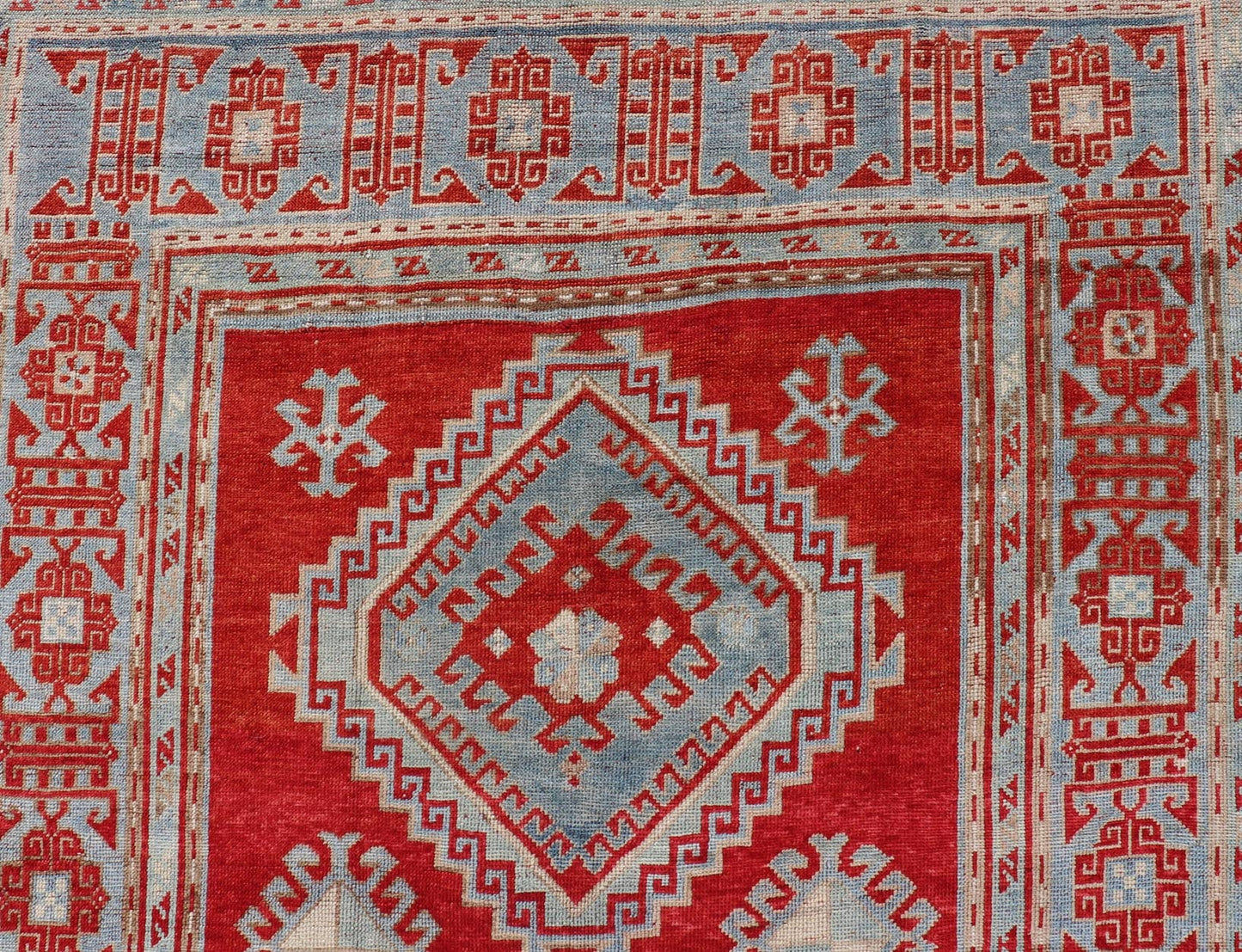 Antique Caucasian Kazak Gallery Rug in Brilliant Red with Geometric Design Tribal geometric medallion design Kazak antique rug, antique Caucasian from Caucasus Region with a beautiful red background in multi - colors, Keivan Woven Arts / rug E... - Keivan Woven ArtsEMB - 9637 - P13567 - 16037Rug