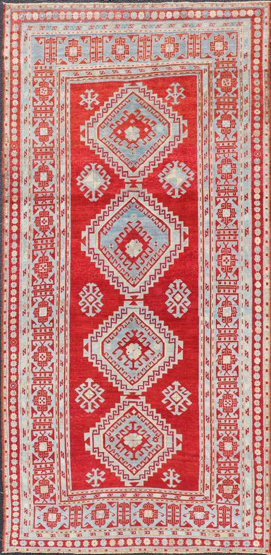 Antique Caucasian Kazak Gallery Rug in Brilliant Red with Geometric Design Tribal geometric medallion design Kazak antique rug, antique Caucasian from Caucasus Region with a beautiful red background in multi - colors, Keivan Woven Arts / rug E... - Keivan Woven ArtsEMB - 9637 - P13567 - 16037Rug