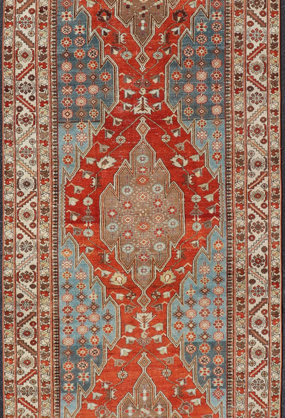 Antique Hamadan Gallery Rug with Geometric Medallions in Red, Blue and Brown This unique Persian Hamadan Gallery rug features an exquisite design composed of a vertical arrangement of red and brown geometric medallions surrounded by a variety of... - Keivan Woven ArtsEMB - 9639 - P13857 - 16043Rug