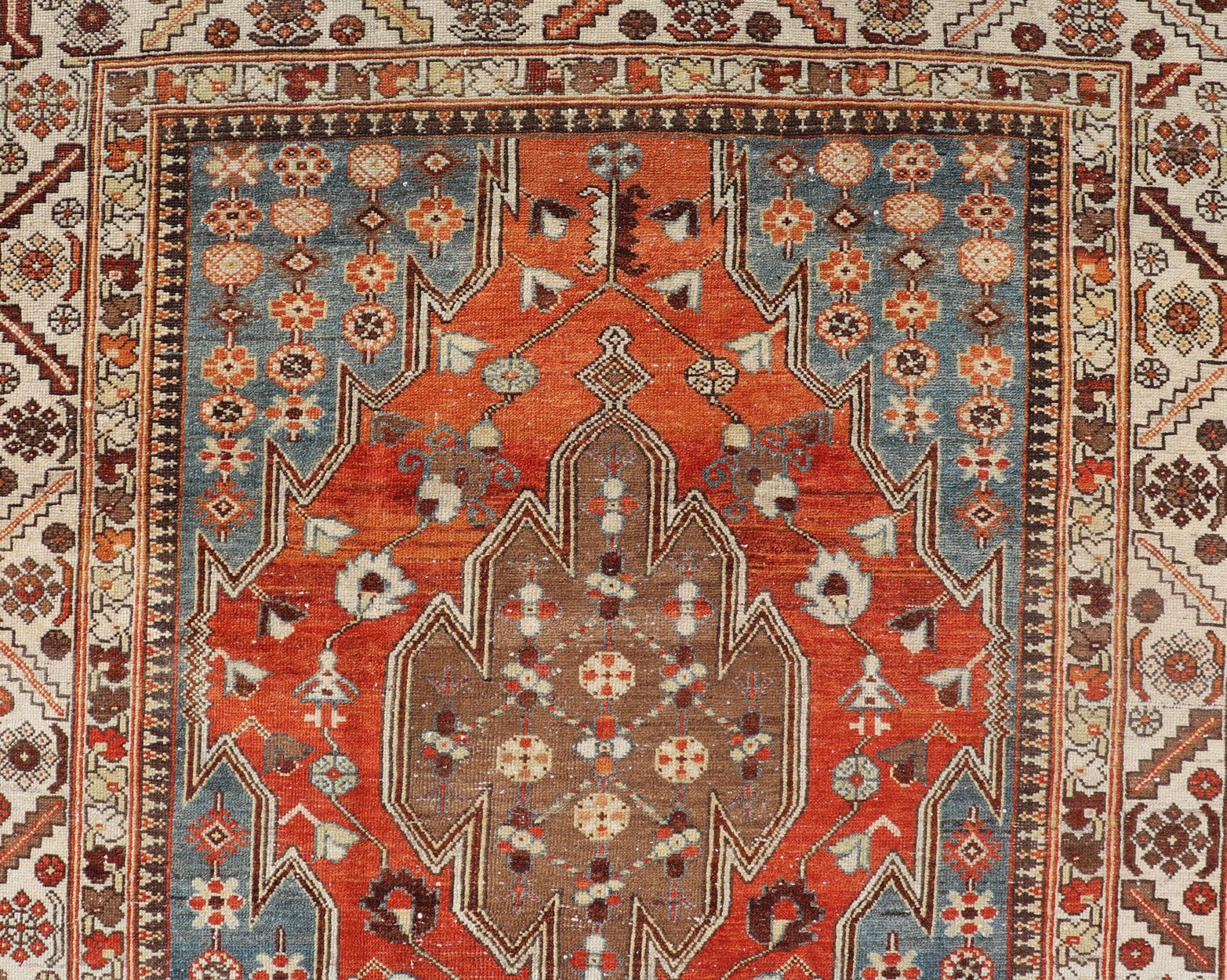 Antique Hamadan Gallery Rug with Geometric Medallions in Red, Blue and Brown This unique Persian Hamadan Gallery rug features an exquisite design composed of a vertical arrangement of red and brown geometric medallions surrounded by a variety of... - Keivan Woven ArtsEMB - 9639 - P13857 - 16043Rug