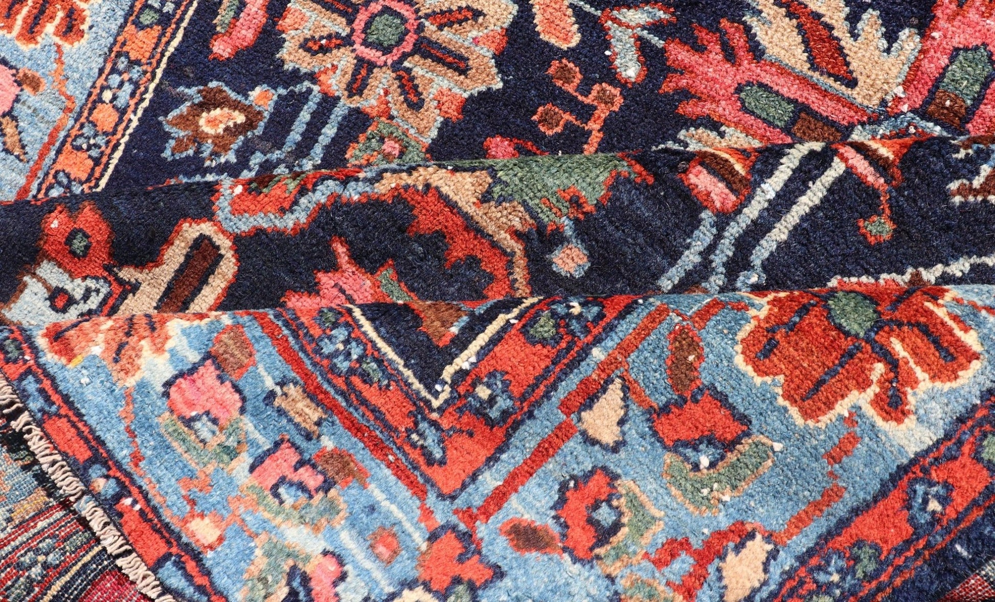 Antique Hand Knotted Persain Nahavand Rug with All - Over Sub - Geometric Design This absolutely stunning Antique Nahavand (circa 1920s) features a symmetrical sub - geometric design rendered in shades of Reds, Blues, Greens, Cream and Coral set upon... - Keivan Woven ArtsEMB - 9640 - P13866 - 16049Rug