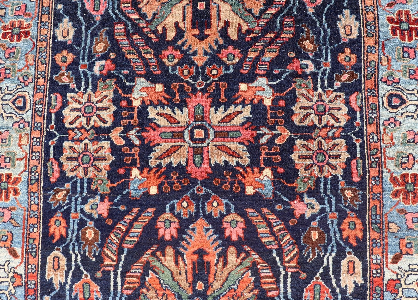 Antique Hand Knotted Persain Nahavand Rug with All - Over Sub - Geometric Design This absolutely stunning Antique Nahavand (circa 1920s) features a symmetrical sub - geometric design rendered in shades of Reds, Blues, Greens, Cream and Coral set upon... - Keivan Woven ArtsEMB - 9640 - P13866 - 16049Rug