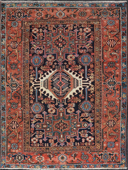 Antique Persian Heriz with Medallion Design in Ivory, Dark Blue & Jewel Tones This lovely Antique Heriz rug, hailing from northwestern Iran (circa 1920s), features a central medallion design surrounded by exquisitely defined geometric motifs. Th... - Keivan Woven ArtsEMB - 9641 - P13855 - 16055Rug