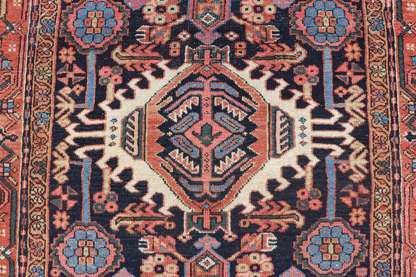Antique Persian Heriz with Medallion Design in Ivory, Dark Blue & Jewel Tones This lovely Antique Heriz rug, hailing from northwestern Iran (circa 1920s), features a central medallion design surrounded by exquisitely defined geometric motifs. Th... - Keivan Woven ArtsEMB - 9641 - P13855 - 16055Rug