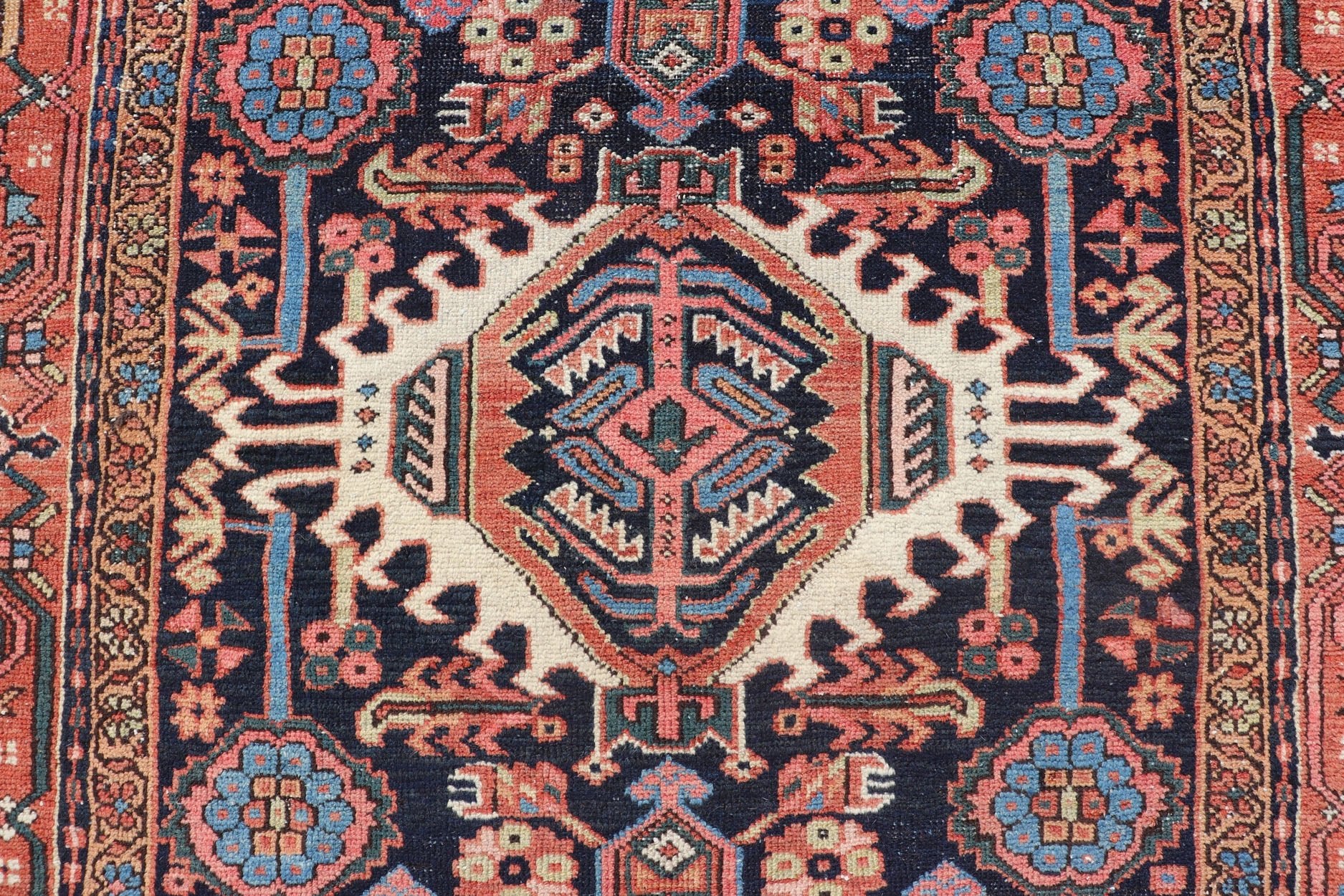 Antique Persian Heriz with Medallion Design in Ivory, Dark Blue & Jewel Tones This lovely Antique Heriz rug, hailing from northwestern Iran (circa 1920s), features a central medallion design surrounded by exquisitely defined geometric motifs. Th... - Keivan Woven ArtsEMB - 9641 - P13855 - 16055Rug