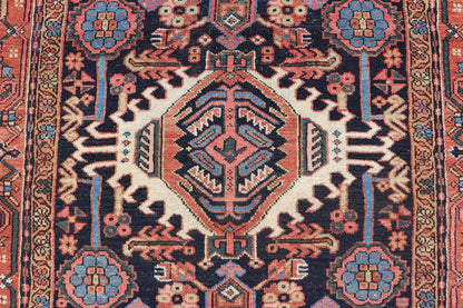 Antique Persian Heriz with Medallion Design in Ivory, Dark Blue & Jewel Tones This lovely Antique Heriz rug, hailing from northwestern Iran (circa 1920s), features a central medallion design surrounded by exquisitely defined geometric motifs. Th... - Keivan Woven ArtsEMB - 9641 - P13855 - 16055Rug