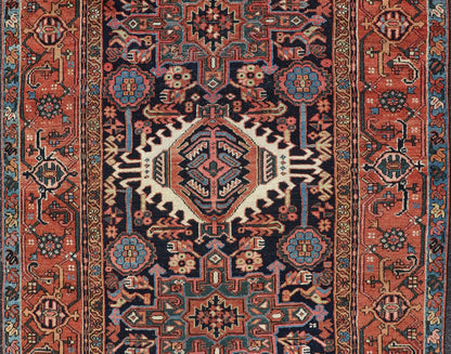 Antique Persian Heriz with Medallion Design in Ivory, Dark Blue & Jewel Tones This lovely Antique Heriz rug, hailing from northwestern Iran (circa 1920s), features a central medallion design surrounded by exquisitely defined geometric motifs. Th... - Keivan Woven ArtsEMB - 9641 - P13855 - 16055Rug