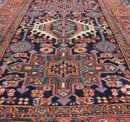 Antique Persian Heriz with Medallion Design in Ivory, Dark Blue & Jewel Tones This lovely Antique Heriz rug, hailing from northwestern Iran (circa 1920s), features a central medallion design surrounded by exquisitely defined geometric motifs. Th... - Keivan Woven ArtsEMB - 9641 - P13855 - 16055Rug