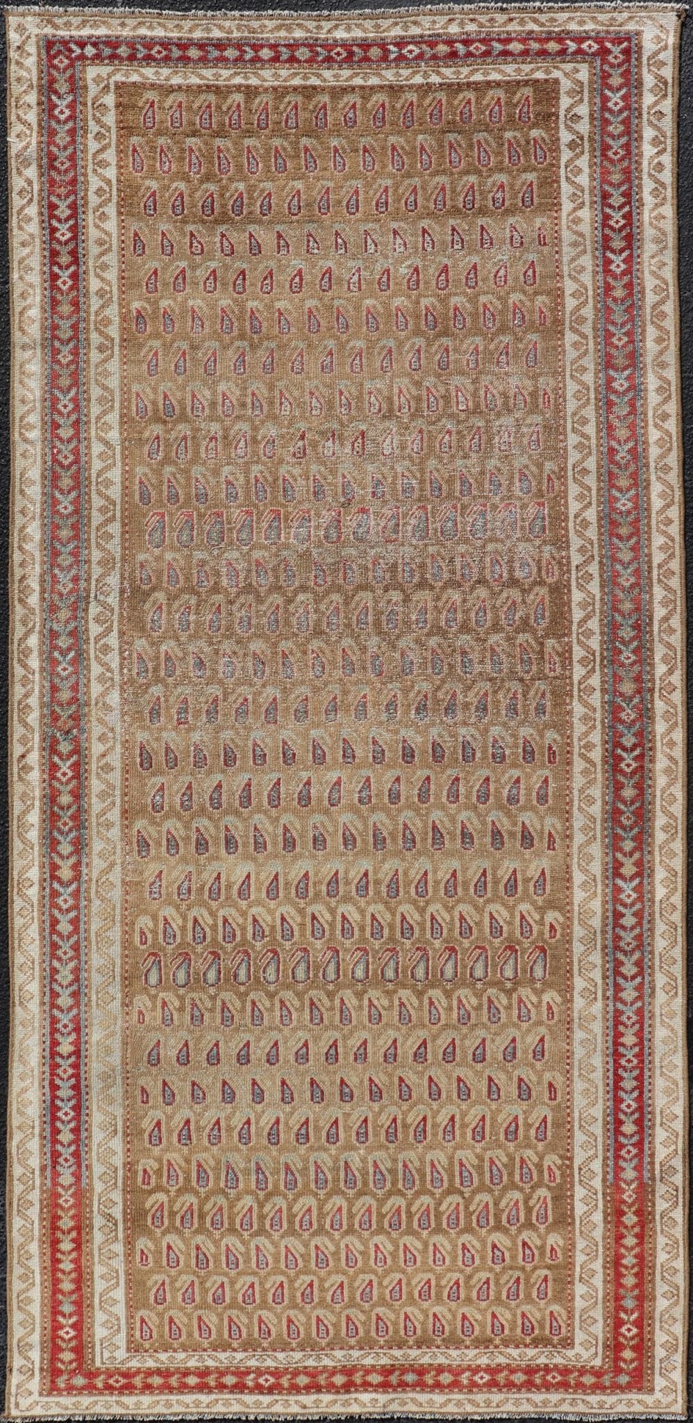 Antique Malayer Runner with All - Over Paisley Design in Red, Brown, and Blue Measures 3'4 x 7'4 This antique Persian Malayer features the world - renowned paisley design atop a field of camel brown. The paisleys are small and cover the ... - Keivan Woven ArtsEMB - 9642 - P13851 - 16061Rug