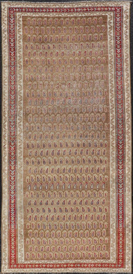 Antique Malayer Runner with All - Over Paisley Design in Red, Brown, and Blue Measures 3'4 x 7'4 This antique Persian Malayer features the world - renowned paisley design atop a field of camel brown. The paisleys are small and cover the ... - Keivan Woven ArtsEMB - 9642 - P13851 - 16061Rug
