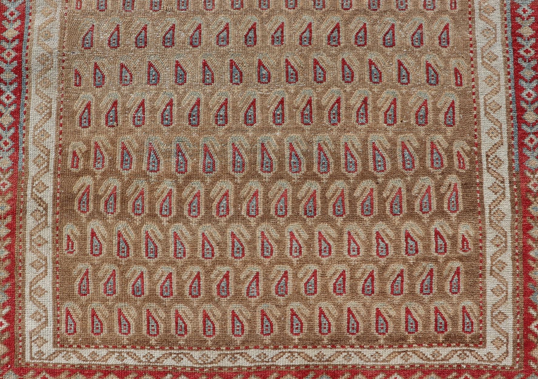Antique Malayer Runner with All - Over Paisley Design in Red, Brown, and Blue Measures 3'4 x 7'4 This antique Persian Malayer features the world - renowned paisley design atop a field of camel brown. The paisleys are small and cover the ... - Keivan Woven ArtsEMB - 9642 - P13851 - 16061Rug