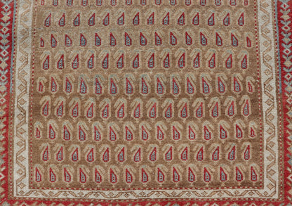 Antique Malayer Runner with All - Over Paisley Design in Red, Brown, and Blue Measures 3'4 x 7'4 This antique Persian Malayer features the world - renowned paisley design atop a field of camel brown. The paisleys are small and cover the ... - Keivan Woven ArtsEMB - 9642 - P13851 - 16061Rug