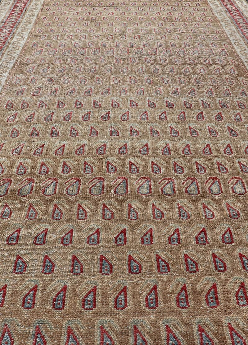 Antique Malayer Runner with All - Over Paisley Design in Red, Brown, and Blue Measures 3'4 x 7'4 This antique Persian Malayer features the world - renowned paisley design atop a field of camel brown. The paisleys are small and cover the ... - Keivan Woven ArtsEMB - 9642 - P13851 - 16061Rug