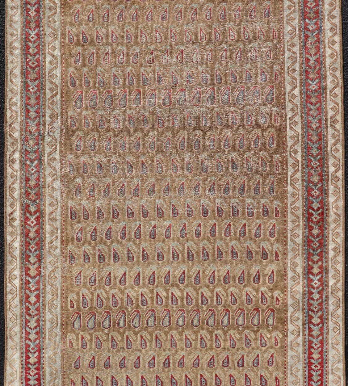 Antique Malayer Runner with All - Over Paisley Design in Red, Brown, and Blue Measures 3'4 x 7'4 This antique Persian Malayer features the world - renowned paisley design atop a field of camel brown. The paisleys are small and cover the ... - Keivan Woven ArtsEMB - 9642 - P13851 - 16061Rug