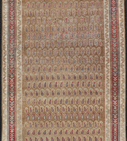 Antique Malayer Runner with All - Over Paisley Design in Red, Brown, and Blue Measures 3'4 x 7'4 This antique Persian Malayer features the world - renowned paisley design atop a field of camel brown. The paisleys are small and cover the ... - Keivan Woven ArtsEMB - 9642 - P13851 - 16061Rug