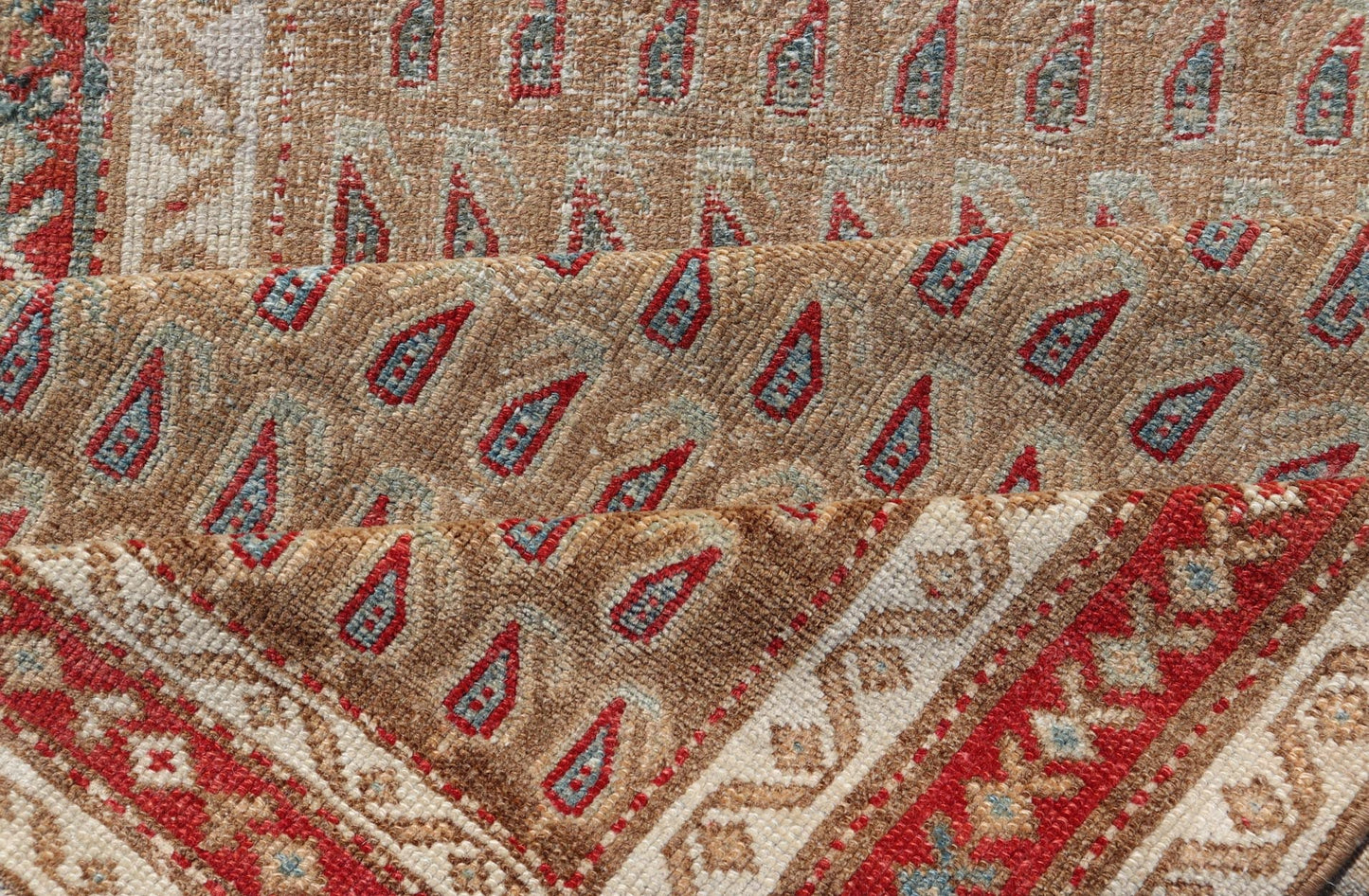 Antique Malayer Runner with All - Over Paisley Design in Red, Brown, and Blue Measures 3'4 x 7'4 This antique Persian Malayer features the world - renowned paisley design atop a field of camel brown. The paisleys are small and cover the ... - Keivan Woven ArtsEMB - 9642 - P13851 - 16061Rug