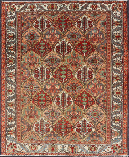 Antique Persian Diamond Garden Design Bakhtiari Rug in Multi Colors All - over diamond design antique Persian Bakhtiari Garden rug in coral, blue, green, ivory, tan, gold, rug EMB - 9643 - P13572, country of origin / type: Iran / Bakhtiari, circa 1920... - Keivan Woven ArtsEMB - 9643 - P13572 - 16067Rug
