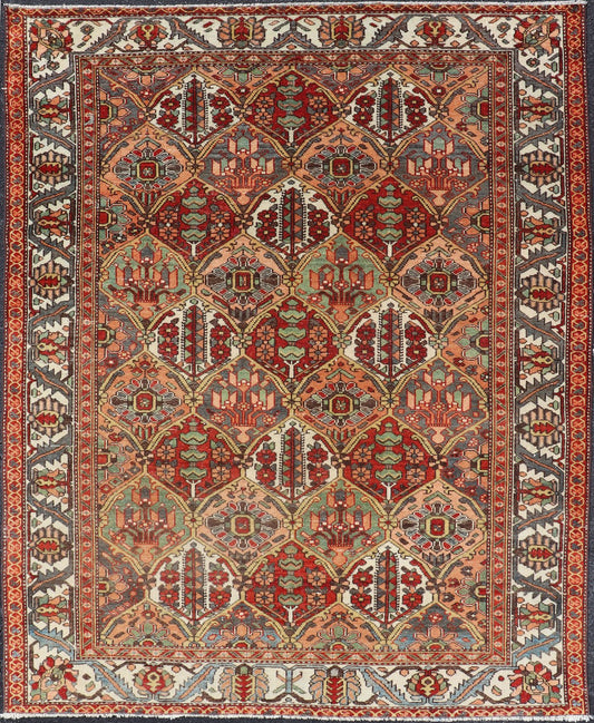 Antique Persian Diamond Garden Design Bakhtiari Rug in Multi Colors All - over diamond design antique Persian Bakhtiari Garden rug in coral, blue, green, ivory, tan, gold, rug EMB - 9643 - P13572, country of origin / type: Iran / Bakhtiari, circa 1920... - Keivan Woven ArtsEMB - 9643 - P13572 - 16067Rug