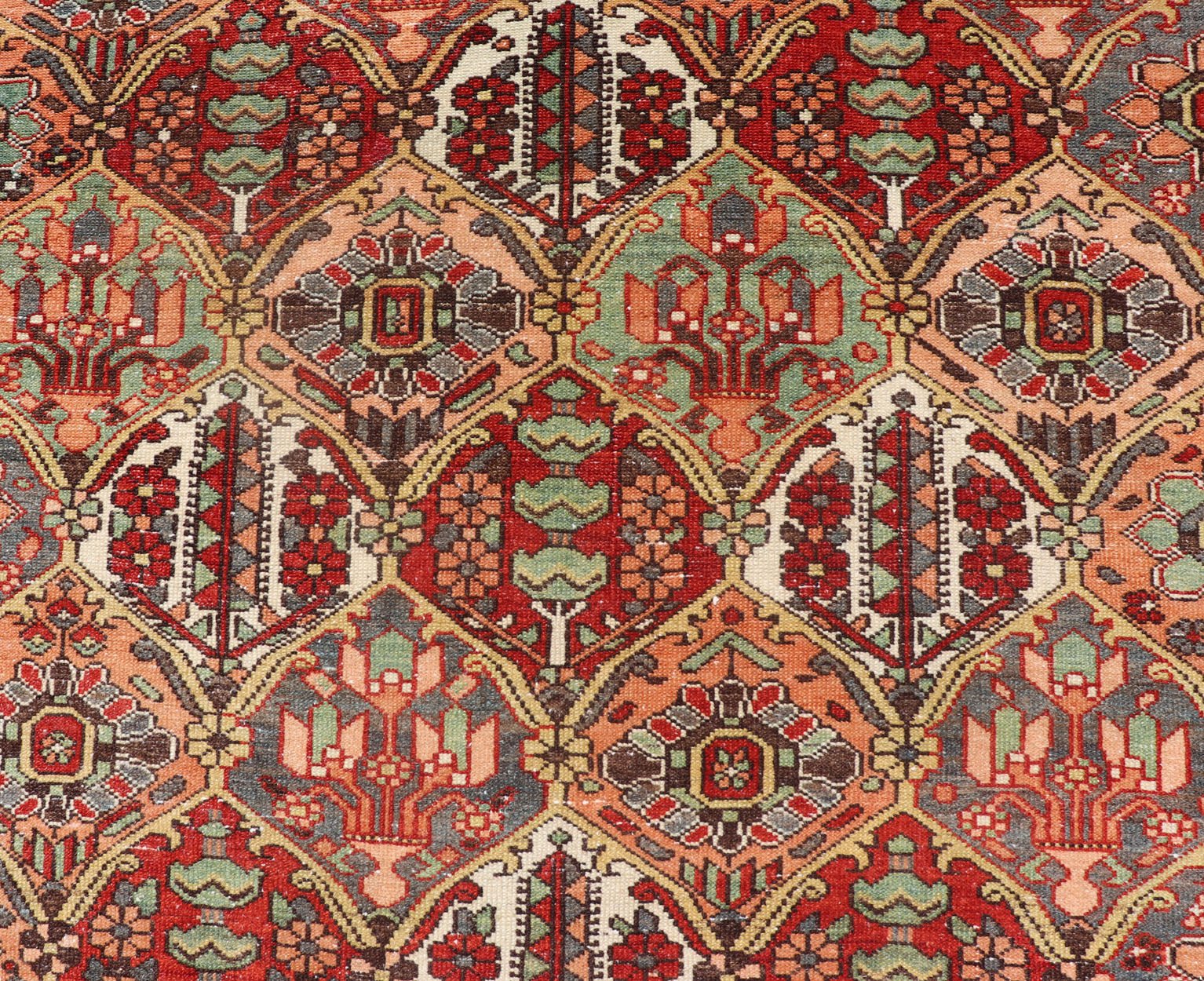 Antique Persian Diamond Garden Design Bakhtiari Rug in Multi Colors All - over diamond design antique Persian Bakhtiari Garden rug in coral, blue, green, ivory, tan, gold, rug EMB - 9643 - P13572, country of origin / type: Iran / Bakhtiari, circa 1920... - Keivan Woven ArtsEMB - 9643 - P13572 - 16067Rug