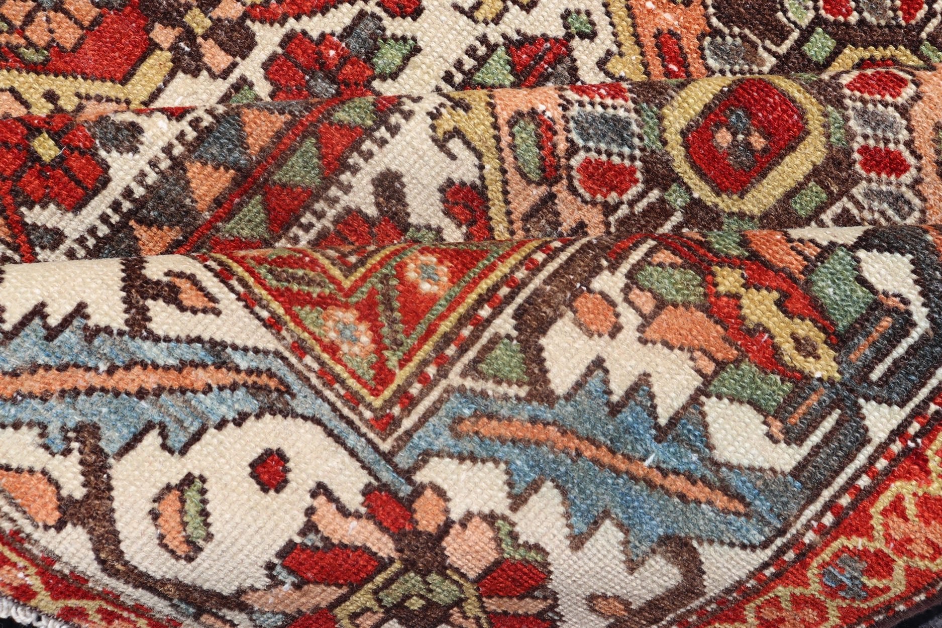 Antique Persian Diamond Garden Design Bakhtiari Rug in Multi Colors All - over diamond design antique Persian Bakhtiari Garden rug in coral, blue, green, ivory, tan, gold, rug EMB - 9643 - P13572, country of origin / type: Iran / Bakhtiari, circa 1920... - Keivan Woven ArtsEMB - 9643 - P13572 - 16067Rug