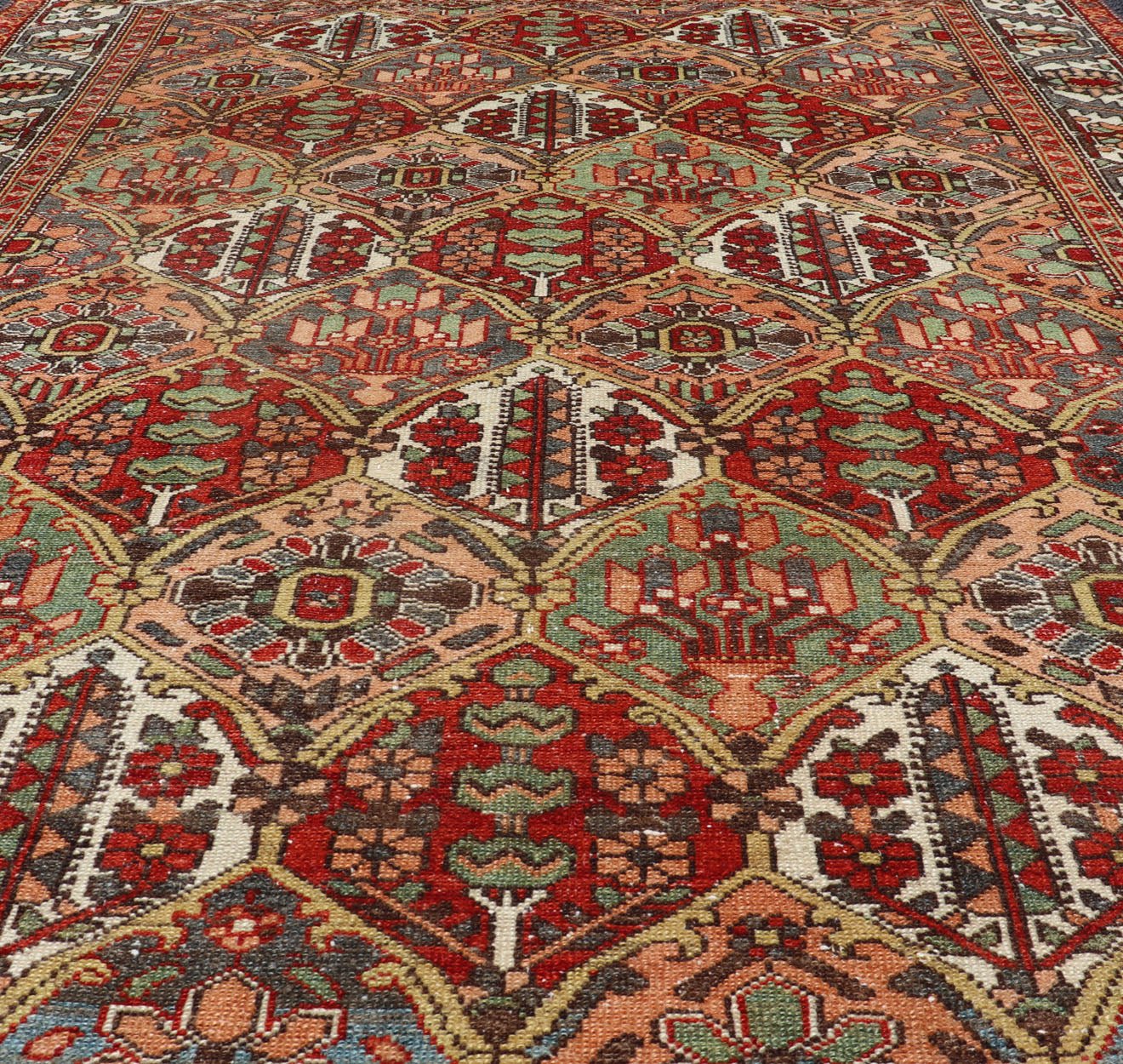 Antique Persian Diamond Garden Design Bakhtiari Rug in Multi Colors All - over diamond design antique Persian Bakhtiari Garden rug in coral, blue, green, ivory, tan, gold, rug EMB - 9643 - P13572, country of origin / type: Iran / Bakhtiari, circa 1920... - Keivan Woven ArtsEMB - 9643 - P13572 - 16067Rug