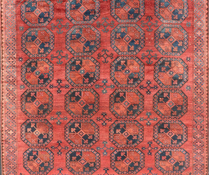 Hand - Knotted Turkomen Ersari Rug in Wool with Gul Design in Red, Orange and Blue This Turkomen Ersari rug has been hand - knotted in the finest wool. The rug features a repeating Gul design throughout the entirety of the rug, enclosed within a co... - Keivan Woven ArtsEMB - 9644 - P13547 - 16073Rug
