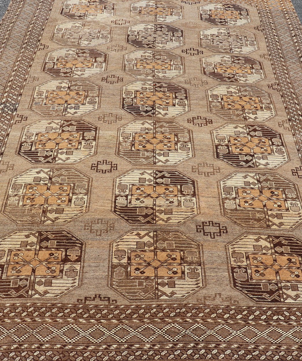 Hand - Knotted Vintage Ersari Rug with Gul Design in Brown, Ivory & Almond Hand - Knotted wool Turkomen Ersari Rug with Repeating Sub - Geometric Gul Design, Keivan Woven Arts; rug EMB - 9646 - P13546, country of origin / type: Turkestan / Ersari, circa ... - Keivan Woven ArtsEMB - 9646 - P13546 - 16085Rug