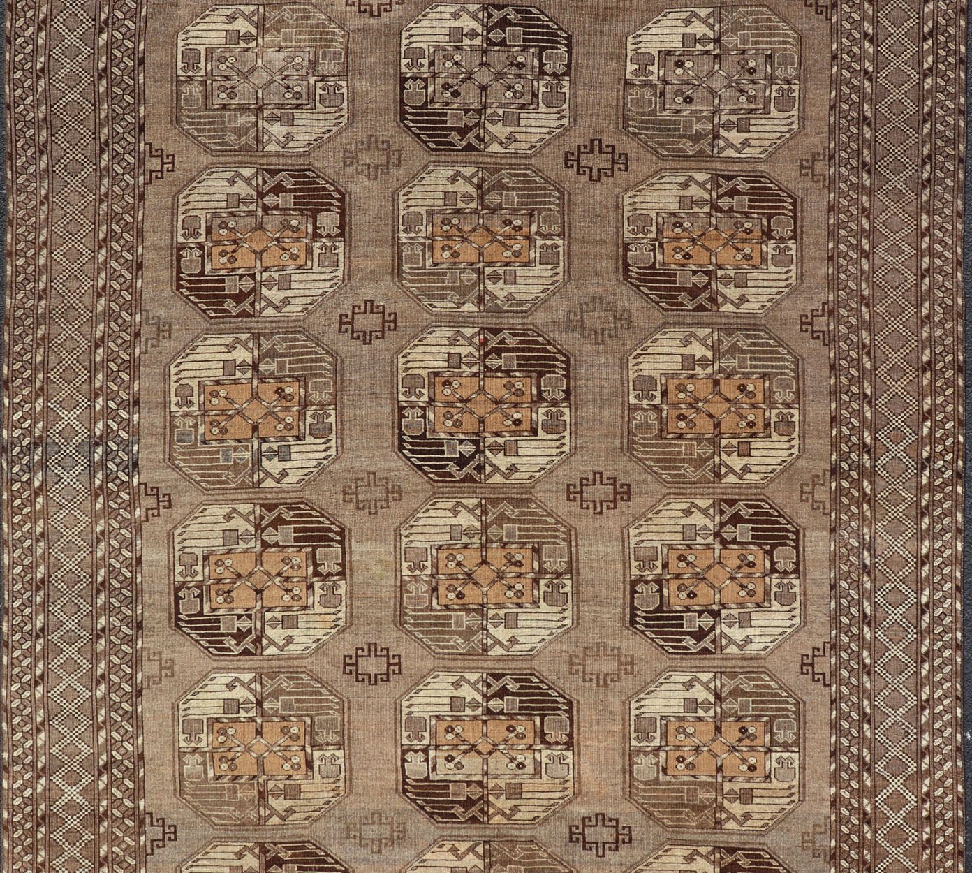 Hand - Knotted Vintage Ersari Rug with Gul Design in Brown, Ivory & Almond Hand - Knotted wool Turkomen Ersari Rug with Repeating Sub - Geometric Gul Design, Keivan Woven Arts; rug EMB - 9646 - P13546, country of origin / type: Turkestan / Ersari, circa ... - Keivan Woven ArtsEMB - 9646 - P13546 - 16085Rug